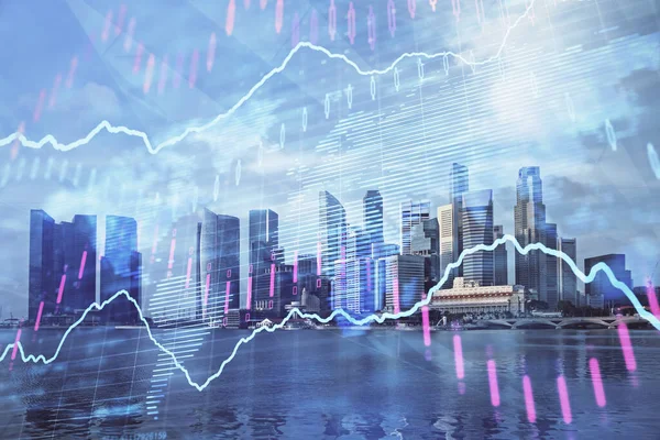 Forex chart on cityscape with tall buildings background multi exposure. Financial research concept. — Stock Photo, Image