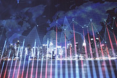 Yüksek binalar arka plan çok pozlama ile gece şehir scape mali grafik. Analiz kavramı.