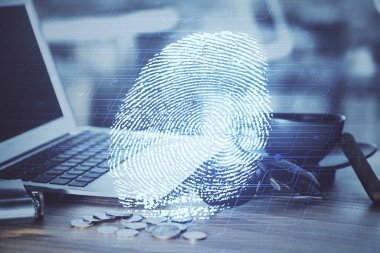 Ofisteki bilgisayarın parmak izi çizimi. Çifte maruziyet. İş veri güvenliği kavramı.
