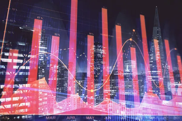 Financial graph on night city scape with tall buildings background multi exposure. Analysis concept.