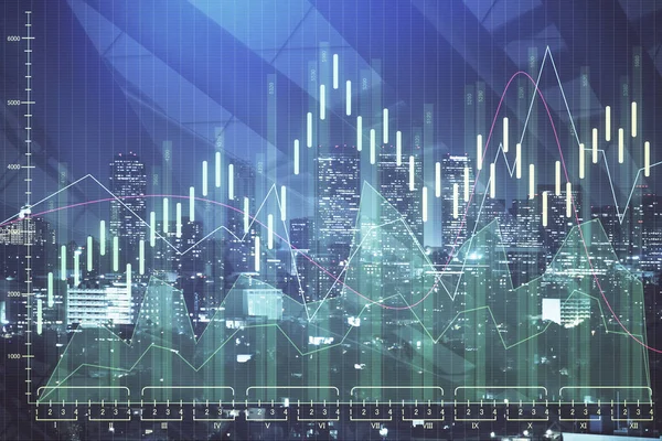 Grafico finanziario su paesaggio urbano notturno con edifici alti sfondo multi esposizione. Concetto di analisi . — Foto Stock