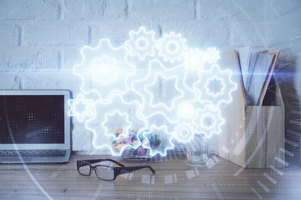 Doble exposición de los iconos del tema de negocios y el espacio de trabajo con fondo de computadora. Concepto de éxito . —  Fotos de Stock