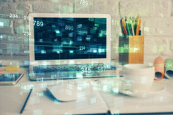 Multi exponering av skrivbordet med persondator och tech tema ritning. Begreppet Bigdata. — Stockfoto