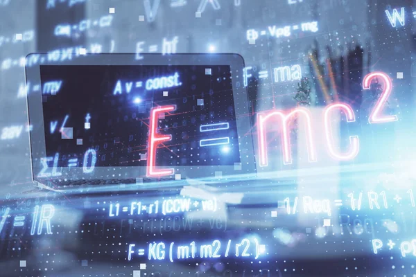 Desktop computer background and formula hologram writing. Double exposure. Education concept. — Stock Photo, Image