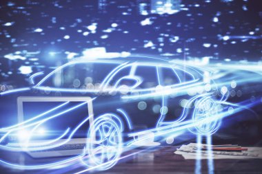 Otomobil hologramı çizimi olan masaüstü bilgisayar arkaplanı. Çoklu maruz kalma. Teknoloji kavramı.
