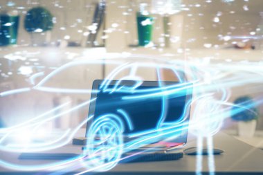 Otomobil hologramı çizimi olan masaüstü bilgisayar arkaplanı. Çoklu maruz kalma. Teknoloji kavramı.