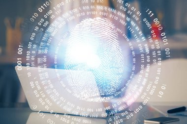 Ofisteki bilgisayarın parmak izi çizimi. Çifte maruziyet. İş veri güvenliği kavramı.