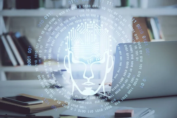 Doble exposición de la mesa de trabajo con el holograma de la computadora y del cerebro. Concepto de lluvia de ideas . —  Fotos de Stock