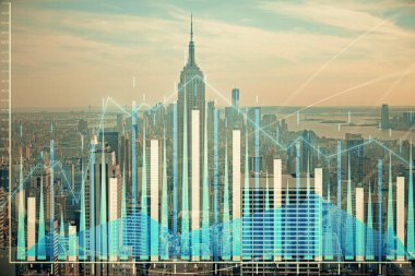 Gökdelenler arka planda çift pozlama ile şehir görünümünde eski grafik. Mali analiz kavramı.