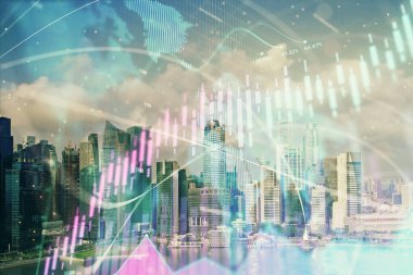 Gökdelenler, duvar kağıtları ve çoklu pozlama ile şehir manzarasının eski çizelgesi. Finansal araştırma kavramı.