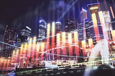 Yüksek binalar arka plan çok pozlama ile şehir scape mali grafik. Analiz kavramı.