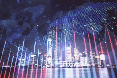 Yüksek binalar arka plan çok pozlama ile gece şehir scape mali grafik. Analiz kavramı.