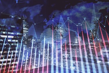 Yüksek binalar arka plan çok pozlama ile gece şehir scape mali grafik. Analiz kavramı.