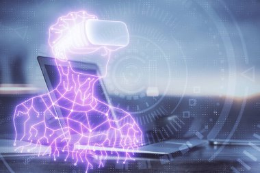 AR tema simgesi olan bilgisayar masaüstünde. Çoklu maruz kalma. Artırılmış gerçeklik kavramı.