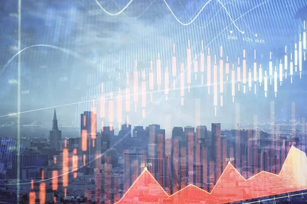 Grafico Forex sulla vista della città con grattacieli sfondo multi esposizione. Concetto di analisi finanziaria. — Foto Stock