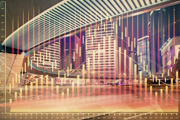 График Forex на фоне городов с высокими зданиями. Концепция финансовых исследований . — стоковое фото