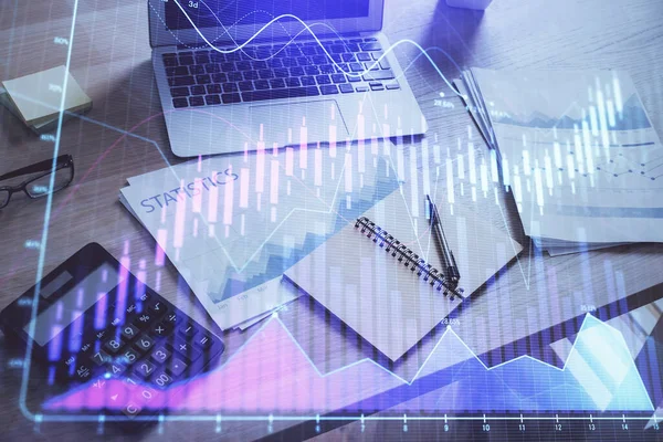 Double exposure of chart and financial info and work space with computer background. Concept of international online trading. — Stock Photo, Image