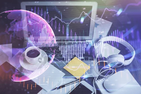 Forx çizelgesine ve bilgisayarla çalışma alanına çoklu maruz kalma. Uluslararası çevrimiçi ticaret kavramı.