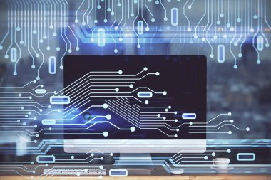 Teknoloji temalı çizim ve bilgisayarla çalışma alanı. Çoklu maruz kalma. Yenilik kavramı.