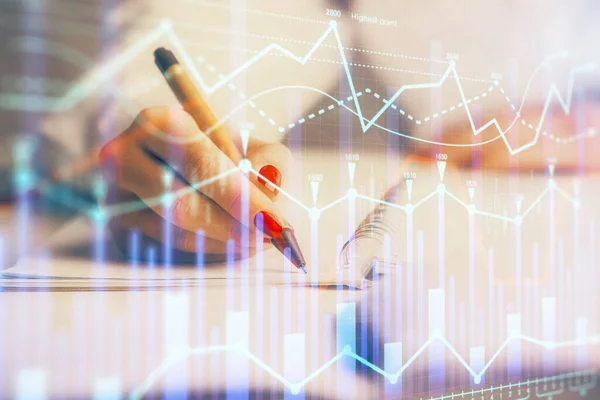 Dubbele blootstelling van dames handen maken van notities met Forex Graph hologram. Concept aandelenmarkt analyse. — Stockfoto