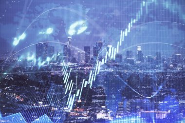 Yüksek binalar arka plan çift pozlama ile gece şehir scape mali grafik. Analiz kavramı.