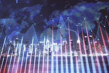 Yüksek binalar arka plan çok pozlama ile gece şehir scape mali grafik. Analiz kavramı.