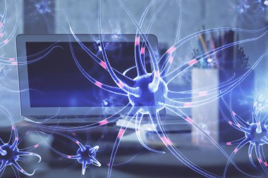 Masaüstü bilgisayar arkaplanı ve nöron çizimi. Çifte maruziyet. Eğitim kavramı.