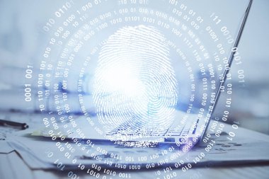 Ofisteki bilgisayarın parmak izi çizimi. Çifte maruziyet. İş veri güvenliği kavramı.