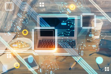 Bilgisayar ve teknoloji temalı Hud 'a çifte maruz kalma. Yenilik kavramı.