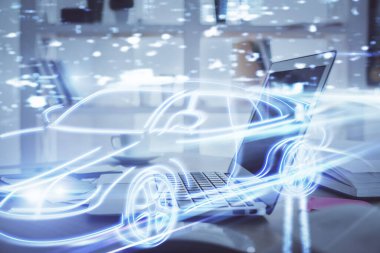 Otomobil hologramı çizimi olan masaüstü bilgisayar arkaplanı. Çoklu maruz kalma. Teknoloji kavramı.