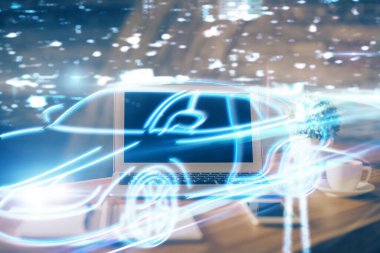 Otomobil hologramı çizimi olan masaüstü bilgisayar arkaplanı. Çoklu maruz kalma. Teknoloji kavramı.