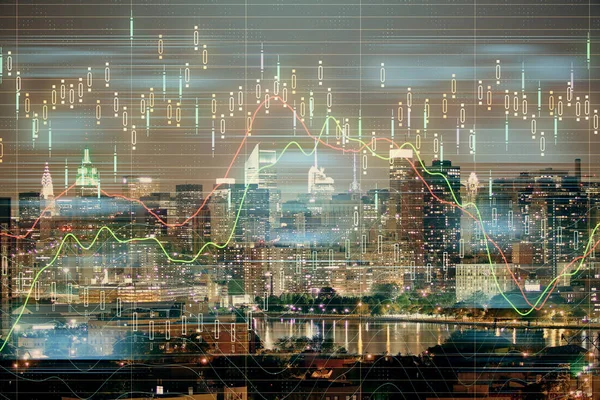 Double exposure of forex chart drawings over cityscape background. Concept of success. — Stock Photo, Image