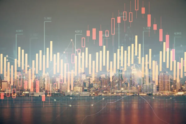 Фінансовий графік на нічному міському пейзажі з високими будівлями фону подвійної експозиції. Концепція аналізу . — стокове фото