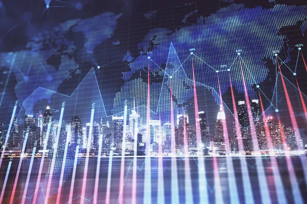 Фінансовий графік на нічному міському пейзажі з високими будівлями фону багатофункціональної експозиції. Концепція аналізу . — стокове фото