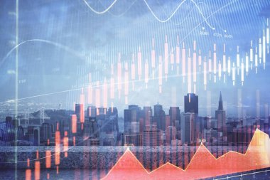 Gökdelenler arka planda çoklu pozlama ile şehir görünümünde eski grafik. Mali analiz kavramı.