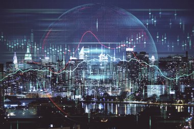 Cityscape arka plan üzerinde forex grafik çizimleri çift pozlama. Başarı kavramı.