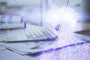 AR tema simgesi olan bilgisayar masaüstünde. Çoklu maruz kalma. Artırılmış gerçeklik kavramı.