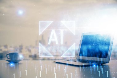 Bilgisayar ve teknoloji temalı holograma çifte maruz kalma. Serbest çalışma kavramı.