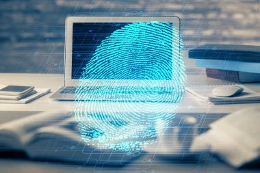 Ofisteki bilgisayarın parmak izi çizimi. Çifte maruziyet. İş veri güvenliği kavramı.