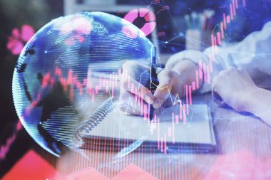 Uluslararası iş hologram üzerinde kadın eller notları arka plan alarak. Başarı kavramı. Çift Pozlama