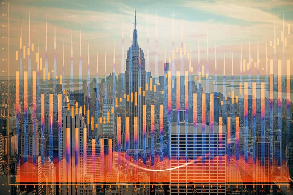 Forex-Graph auf Stadtansicht mit Wolkenkratzern Hintergrund Doppelbelichtung. Finanzanalysekonzept. — Stockfoto