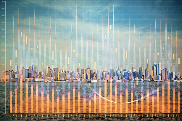 마천루 배경의 두 번의 노출과 함께 도시 전망의 숲 그래프. 재정 분석 개념. — 스톡 사진