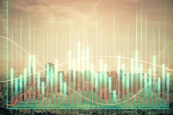 Forex graf na pohled na město s mrakodrapy pozadí multi expozice. Koncept finanční analýzy. — Stock fotografie