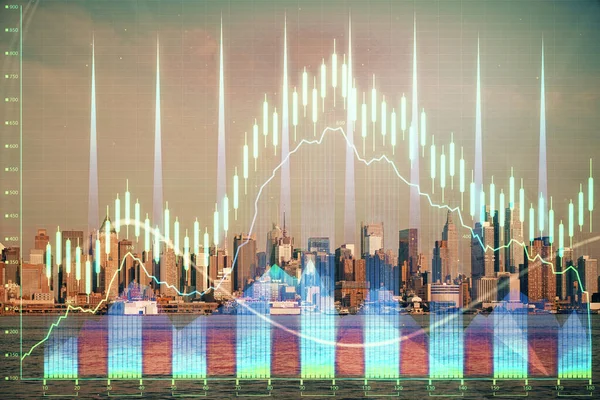 Gráfico Forex em paisagem urbana com arranha-céus papel de parede exposição dupla. Conceito de investigação financeira . — Fotografia de Stock