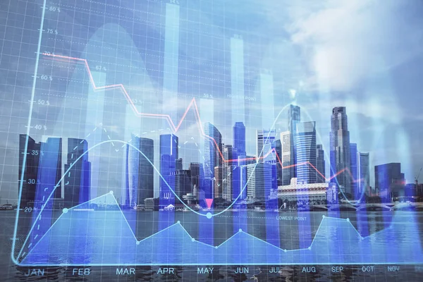 Forex grafiek op stadsgezicht met hoge gebouwen achtergrond multi exposure. Begrip financieel onderzoek. — Stockfoto