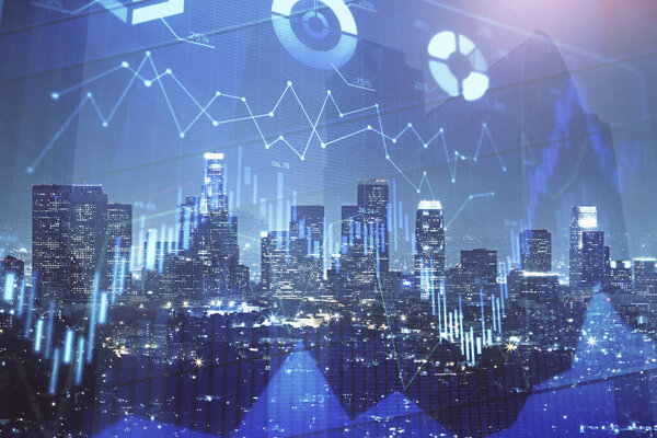 Forex chart on cityscape with tall buildings background multi exposure. Financial research concept.