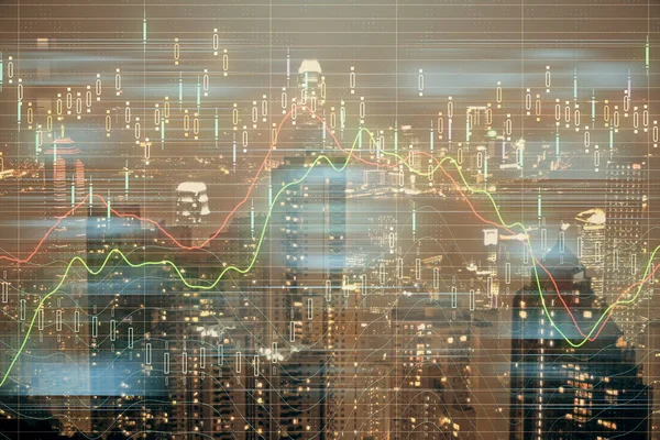 Doppelbelichtung von Forex-Diagrammzeichnungen über dem Hintergrund der Stadtlandschaft. Erfolgskonzept. — Stockfoto