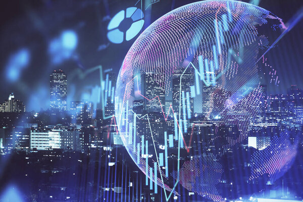 Financial graph on night city scape with tall buildings background multi exposure. Analysis concept.