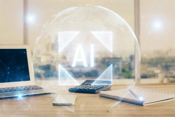 Double exposure of desktop computer and technology theme hologram. Concept of software development. — Stock Photo, Image