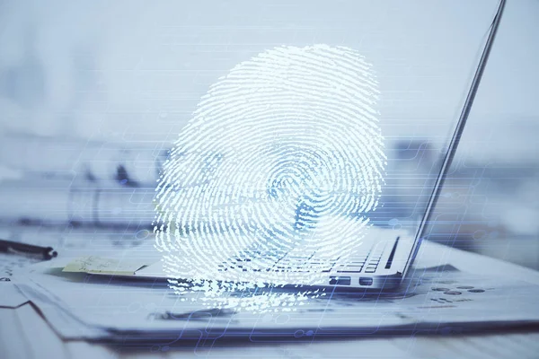 Computer on desktop in office with finger print drawing. Double exposure. Concept of business data security. — Stock Photo, Image